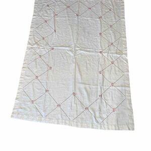 Vintage Hand Embroidered Linen Tablecloth Pink Flowers 66X47 In Stain